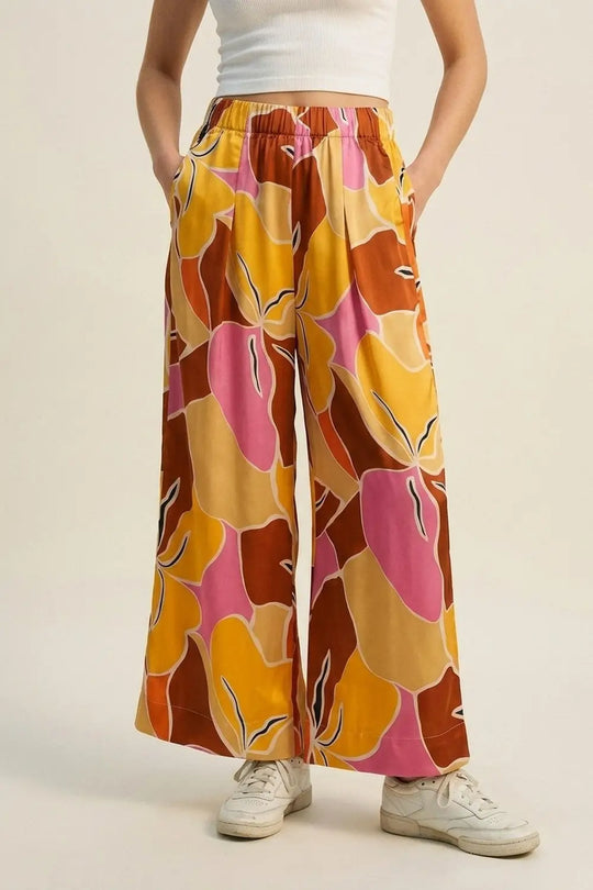 Tropical Print Wide Leg Pants in Warm orange tones - Pants