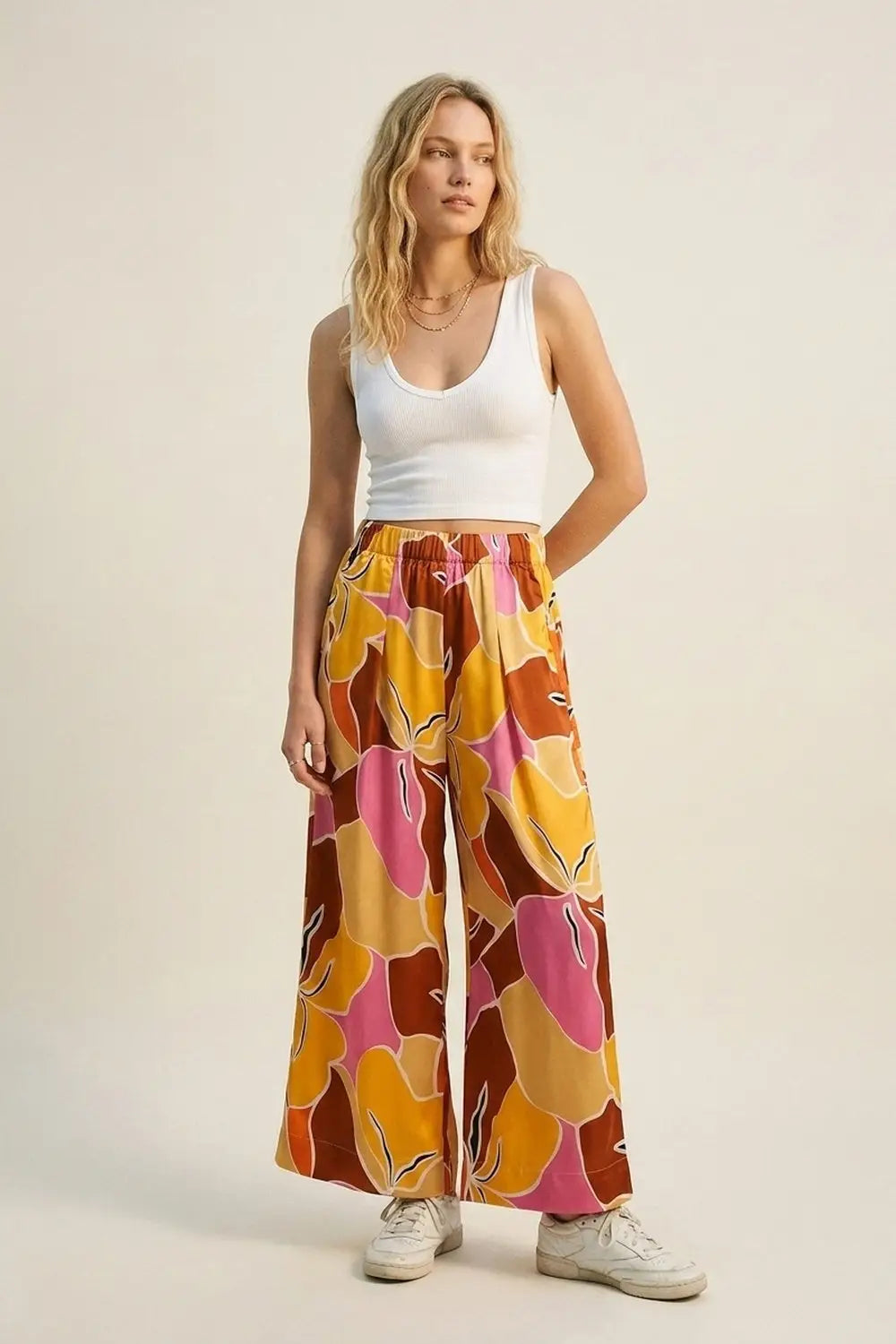 Tropical Print Wide Leg Pants in Warm orange tones - Pants
