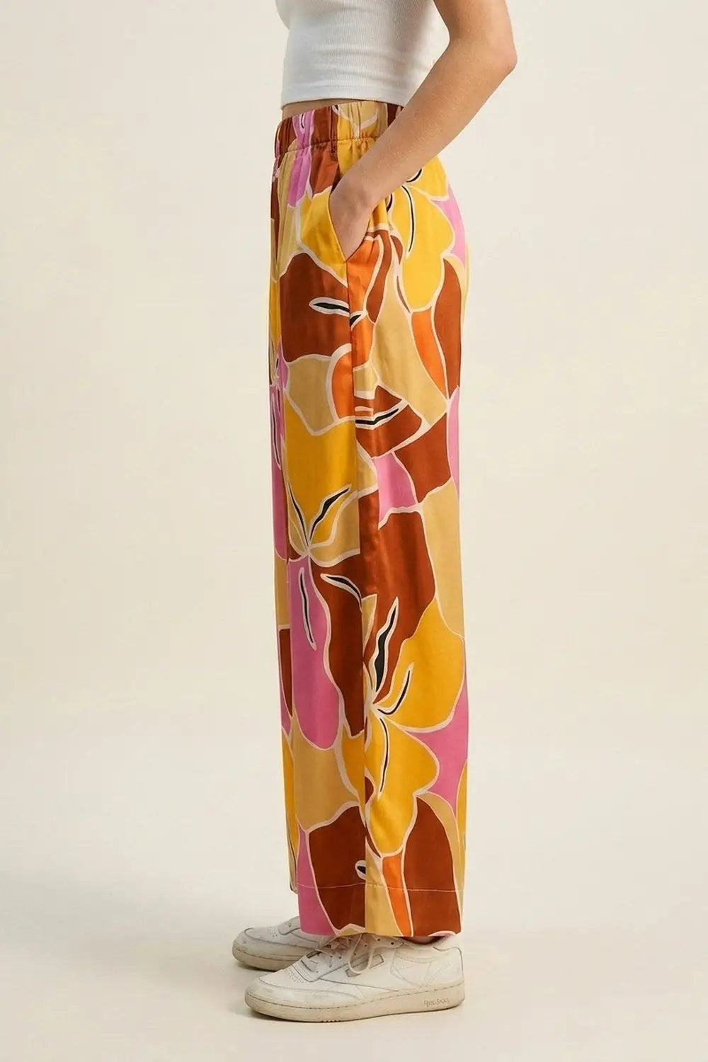 Tropical Print Wide Leg Pants in Warm orange tones - Pants