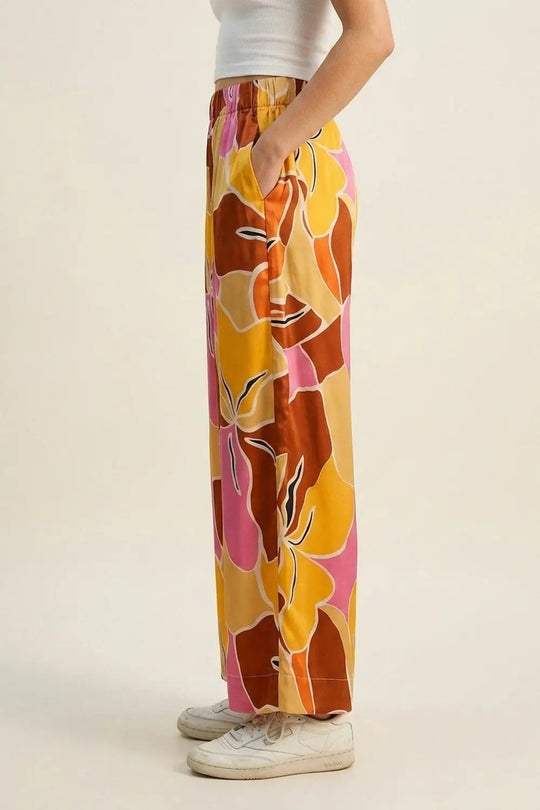 Tropical Print Wide Leg Pants in Warm orange tones - Pants