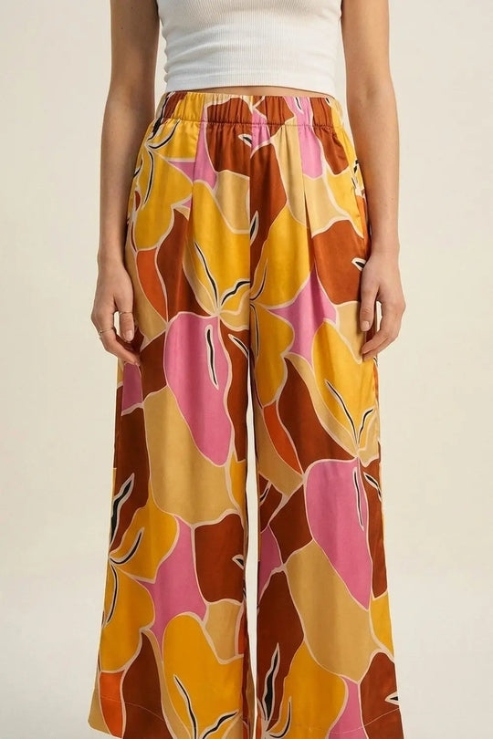 Tropical Print Wide Leg Pants in Warm orange tones - Pants