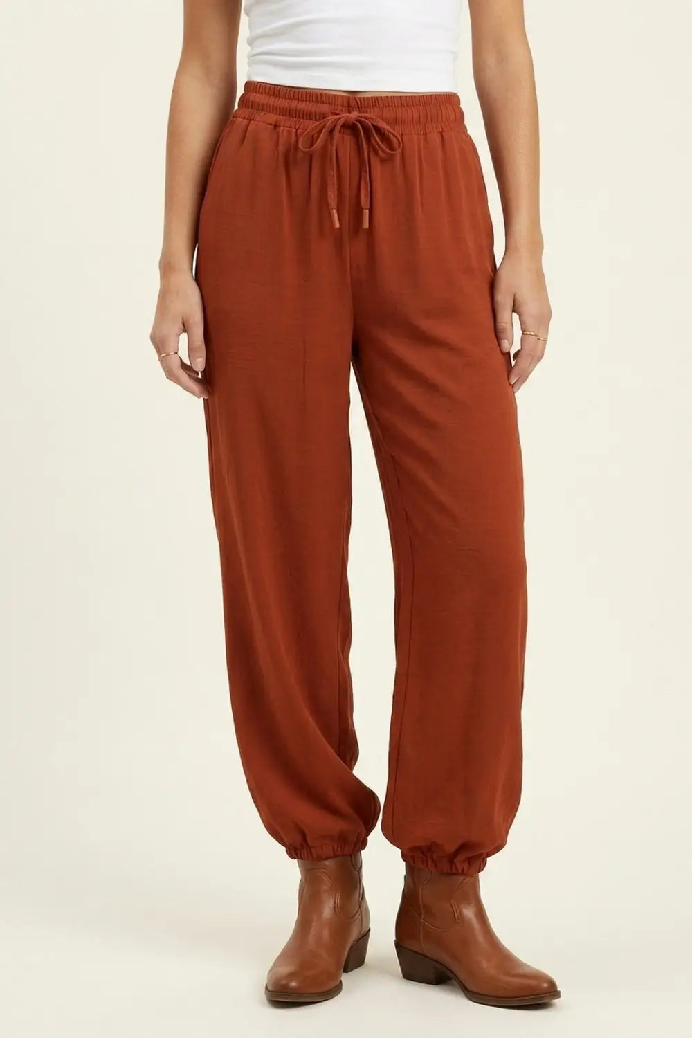 terracotta Wide-Leg Drawstring Waist Casual Pants - Pants