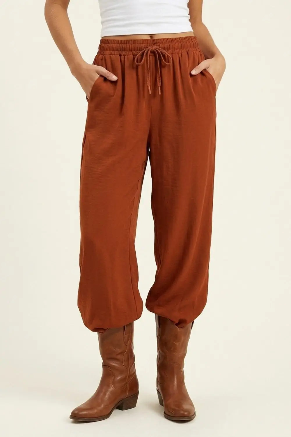 terracotta Wide-Leg Drawstring Waist Casual Pants - Pants