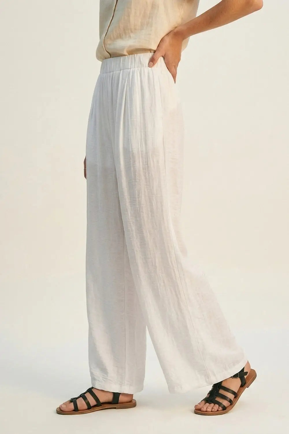 White Lightweight Woven Elastic Waist Wide Leg Pants - Pants