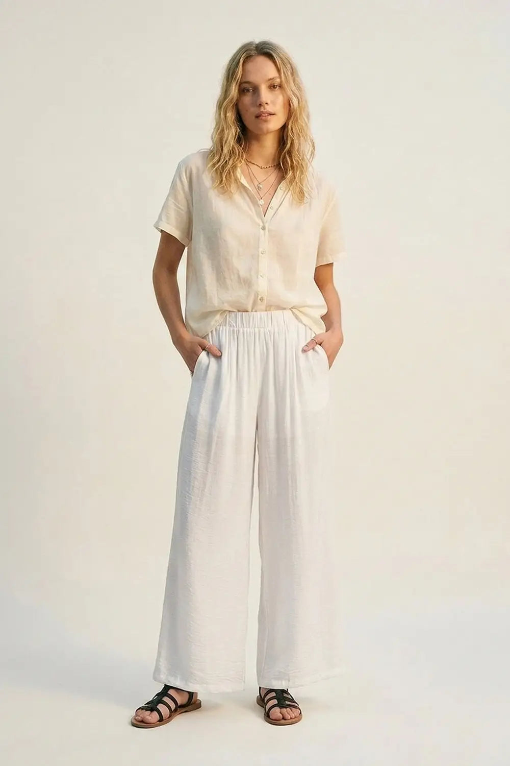 White Lightweight Woven Elastic Waist Wide Leg Pants - Pants