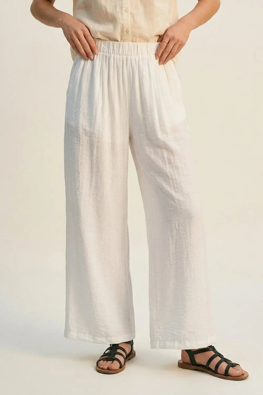 White Lightweight Woven Elastic Waist Wide Leg Pants - Pants