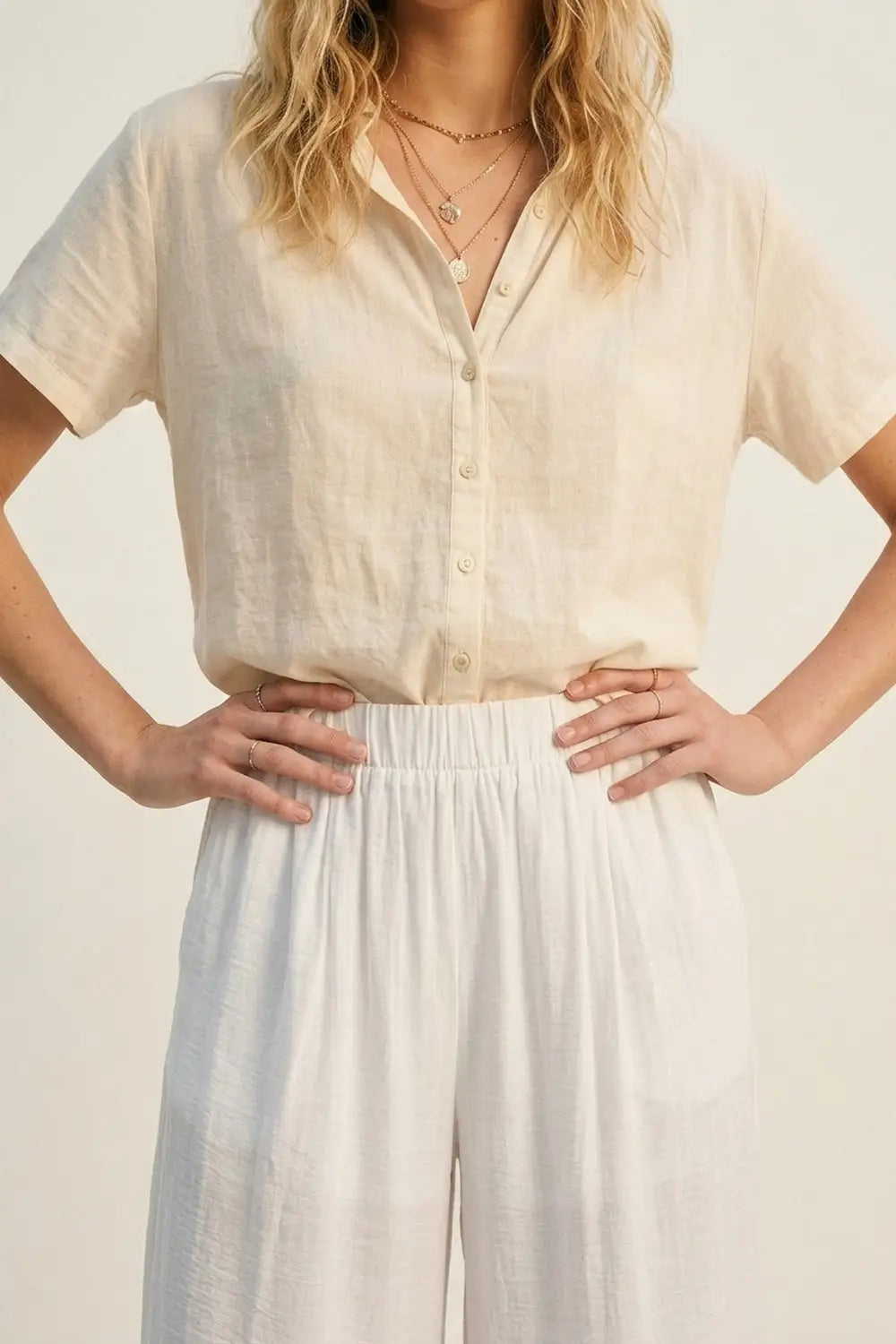 White Lightweight Woven Elastic Waist Wide Leg Pants - Pants