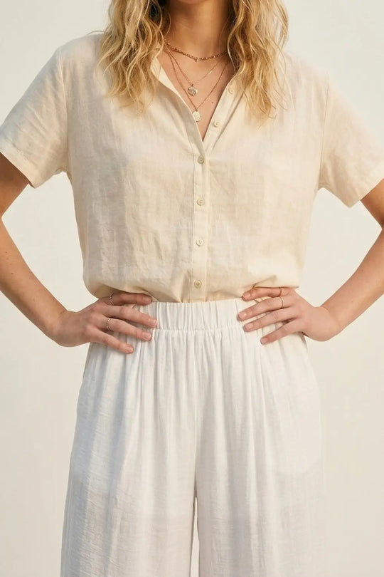 White Lightweight Woven Elastic Waist Wide Leg Pants - Pants