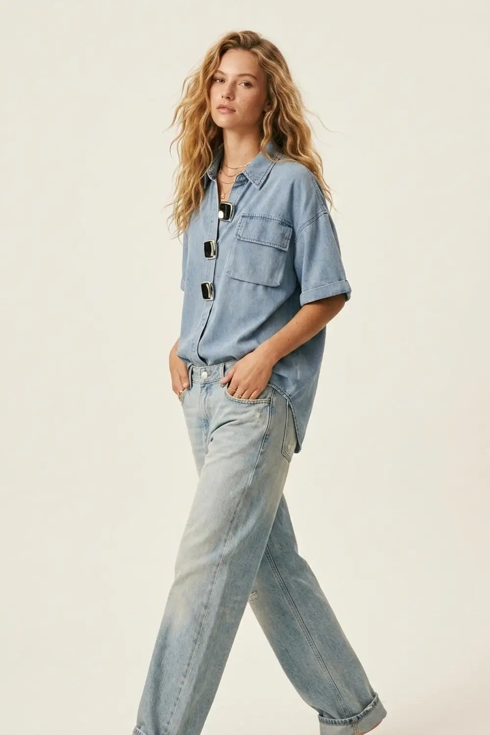 Light Wash Denim Short-Sleeve Shirt with big silver buttons - BLUE / ONE - Shirts