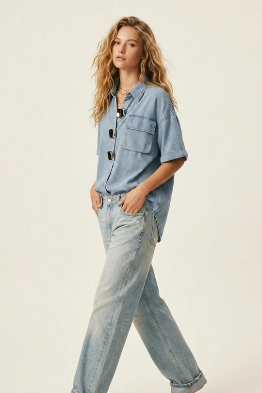 Light Wash Denim Short-Sleeve Shirt with big silver buttons - BLUE / ONE - Shirts