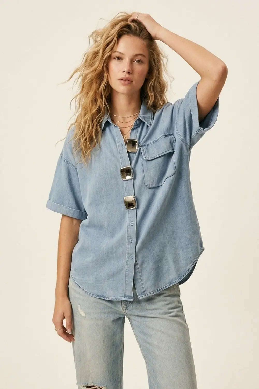 Light Wash Denim Short-Sleeve Shirt with big silver buttons - BLUE / ONE - Shirts