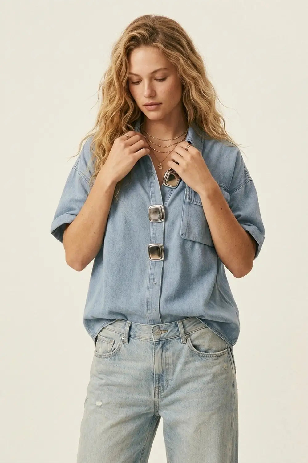Light Wash Denim Short-Sleeve Shirt with big silver buttons - BLUE / ONE - Shirts