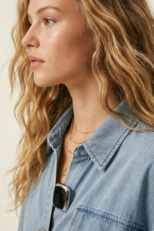 Light Wash Denim Short-Sleeve Shirt with big silver buttons - BLUE / ONE - Shirts