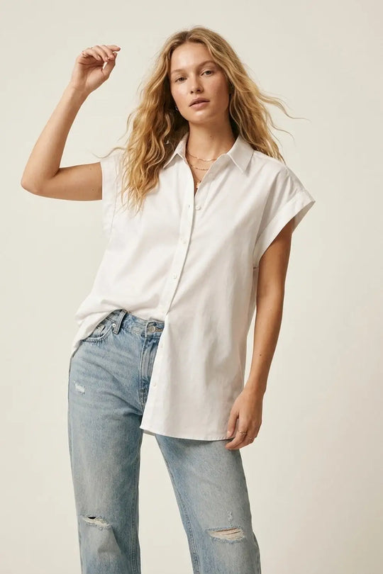 White Button-down Wide Shoulder Oversized Shirt - Shirts