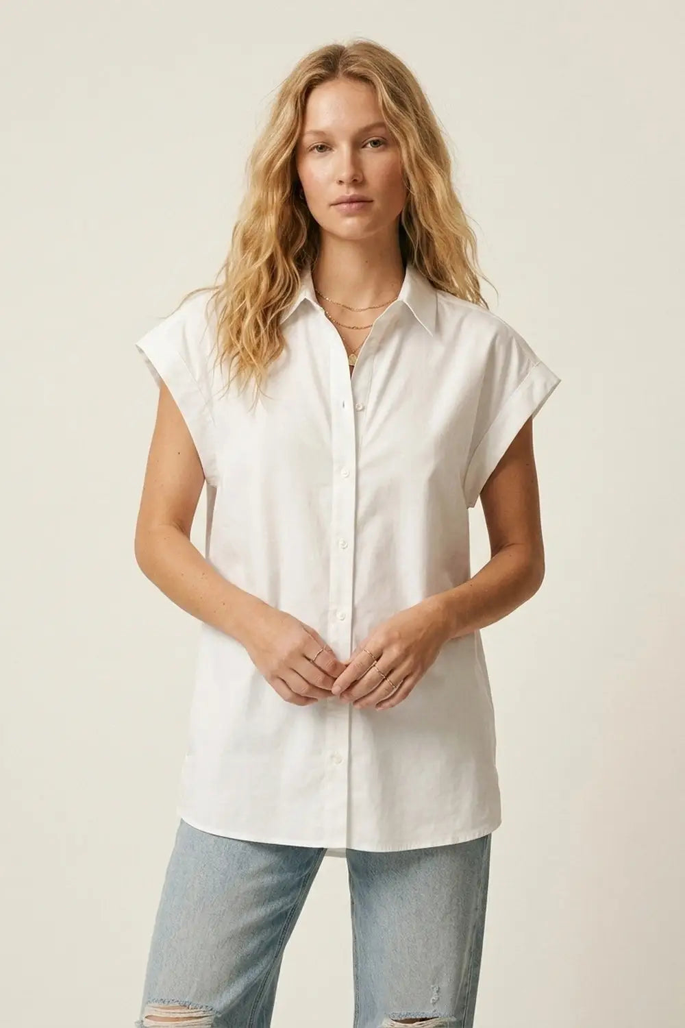 White Button-down Wide Shoulder Oversized Shirt - Shirts