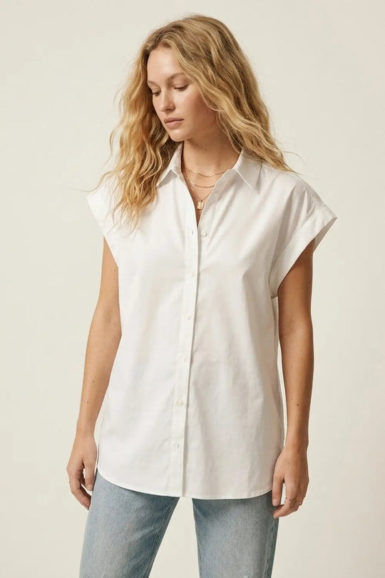 White Button-down Wide Shoulder Oversized Shirt - Shirts