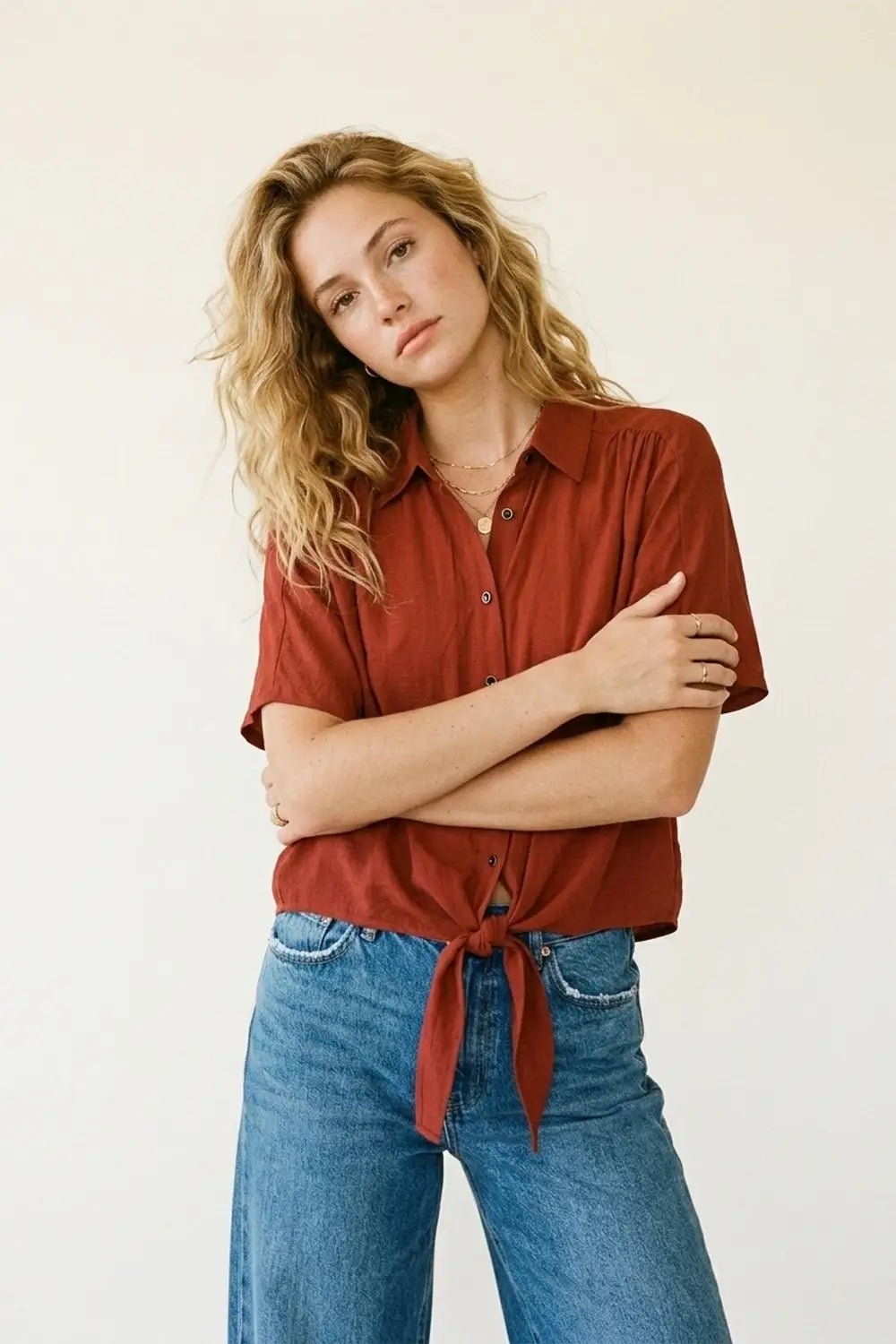 Button-down Short Sleeve Shirt with tie front hem in terracotta - Shirts
