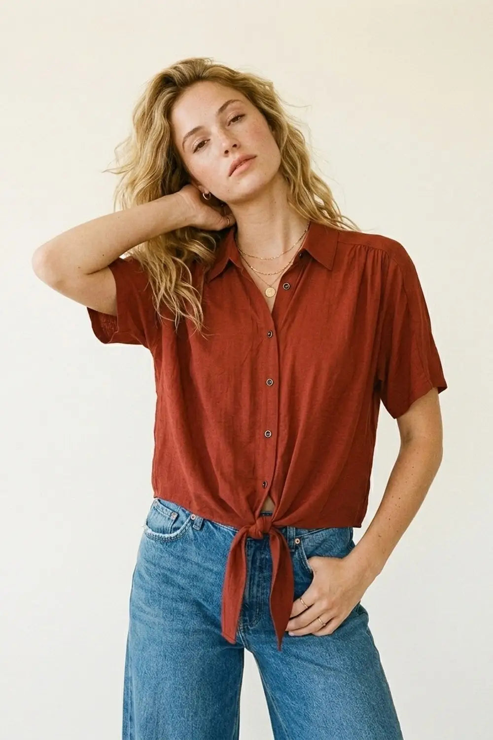 Button-down Short Sleeve Shirt with tie front hem in terracotta - Shirts