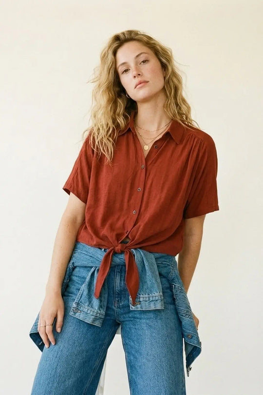 Button-down Short Sleeve Shirt with tie front hem in terracotta - Shirts