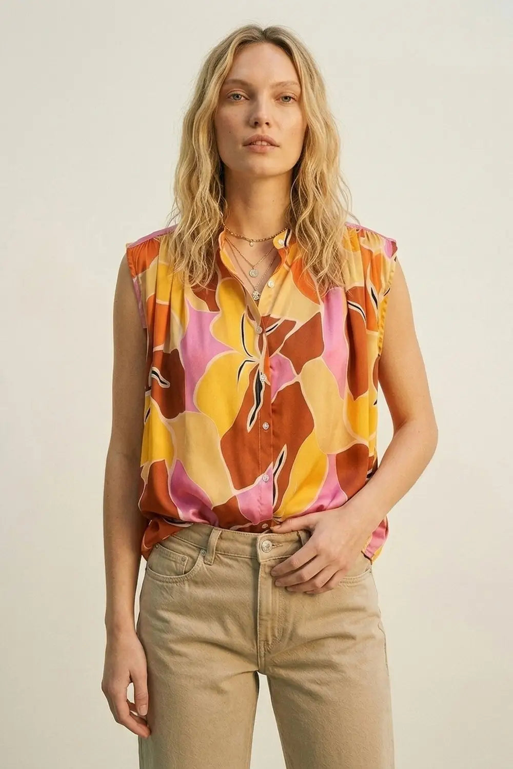 Tropical Print Button-Front Sleeveless Blouse in orange Warm Tones - ORANGE / ONE - Tops