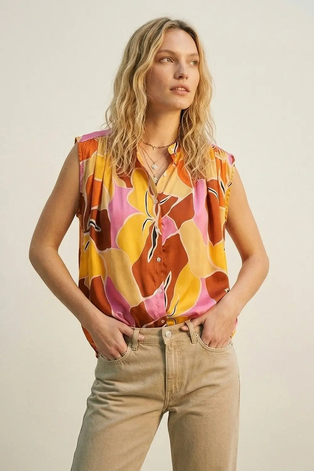 Tropical Print Button-Front Sleeveless Blouse in orange Warm Tones - ORANGE / ONE - Tops
