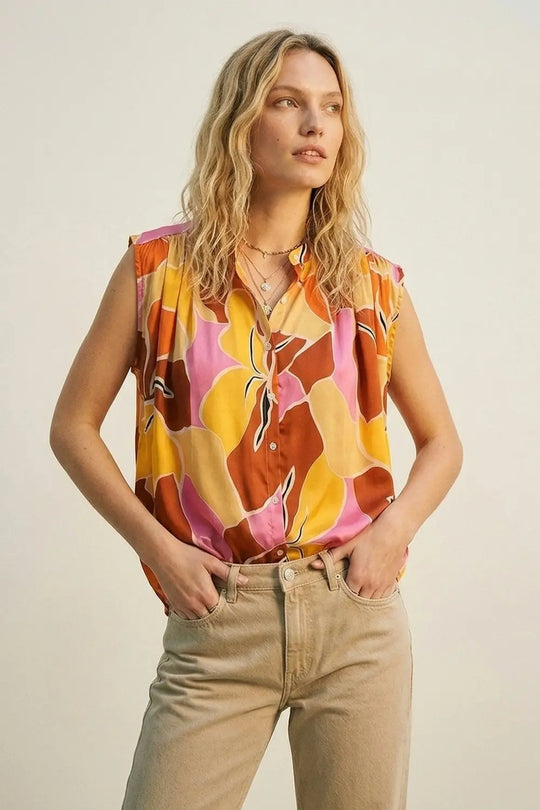 Tropical Print Button-Front Sleeveless Blouse in orange Warm Tones - ORANGE / ONE - Tops