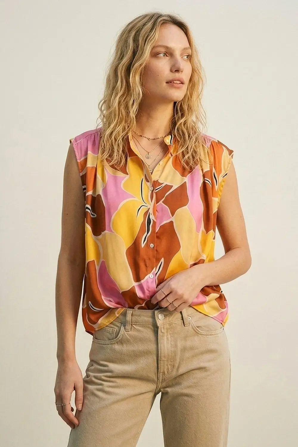 Tropical Print Button-Front Sleeveless Blouse in orange Warm Tones - ORANGE / ONE - Tops