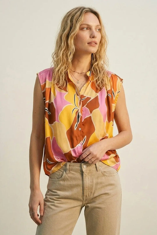 Tropical Print Button-Front Sleeveless Blouse in orange Warm Tones - ORANGE / ONE - Tops