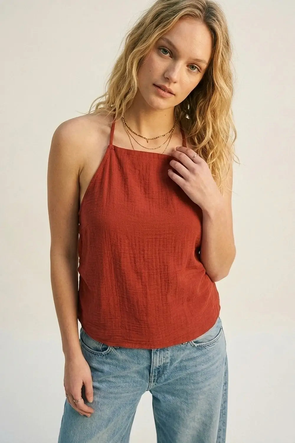 terracotta Textured Sleeveless Halter Neck Top - Tops