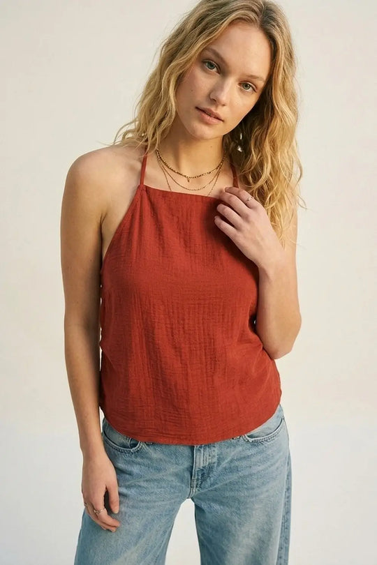 terracotta Textured Sleeveless Halter Neck Top - Tops