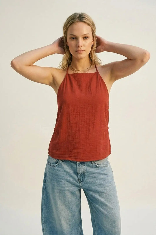 terracotta Textured Sleeveless Halter Neck Top - Tops