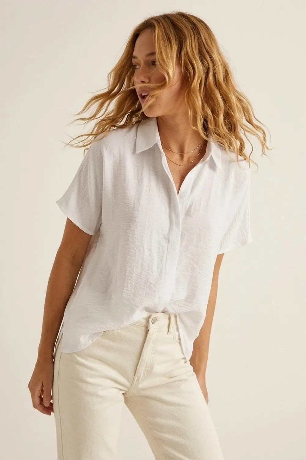White Textured Cotton Short Sleeve Collared Relaxed Fit Shirt - Shirts