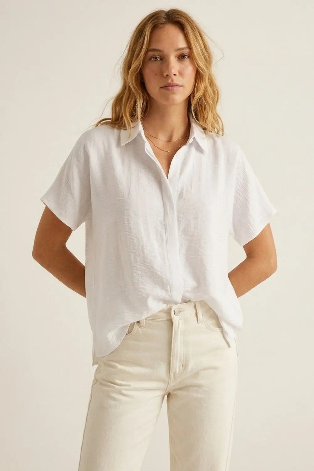 White Textured Cotton Short Sleeve Collared Relaxed Fit Shirt - Shirts
