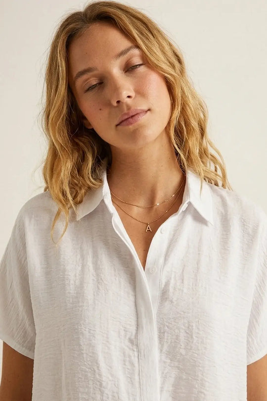 White Textured Cotton Short Sleeve Collared Relaxed Fit Shirt - Shirts