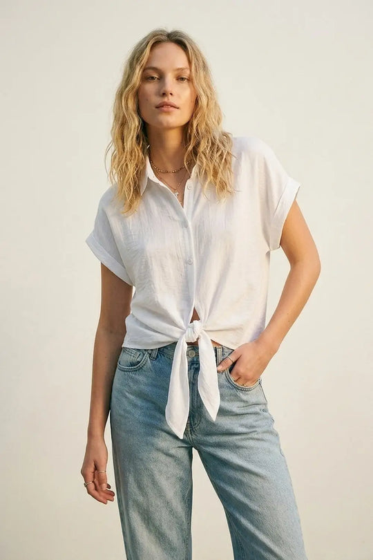 White Lightweight Woven Short Sleeve Shirt Top with Tie Front - Shirts