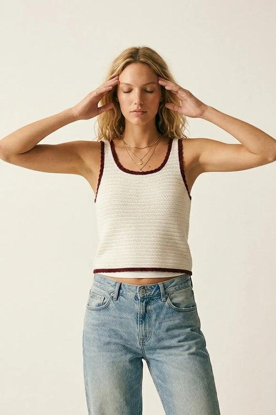 Cream Crocheted Tank Top in Cream with Burgundy Trim - Tops