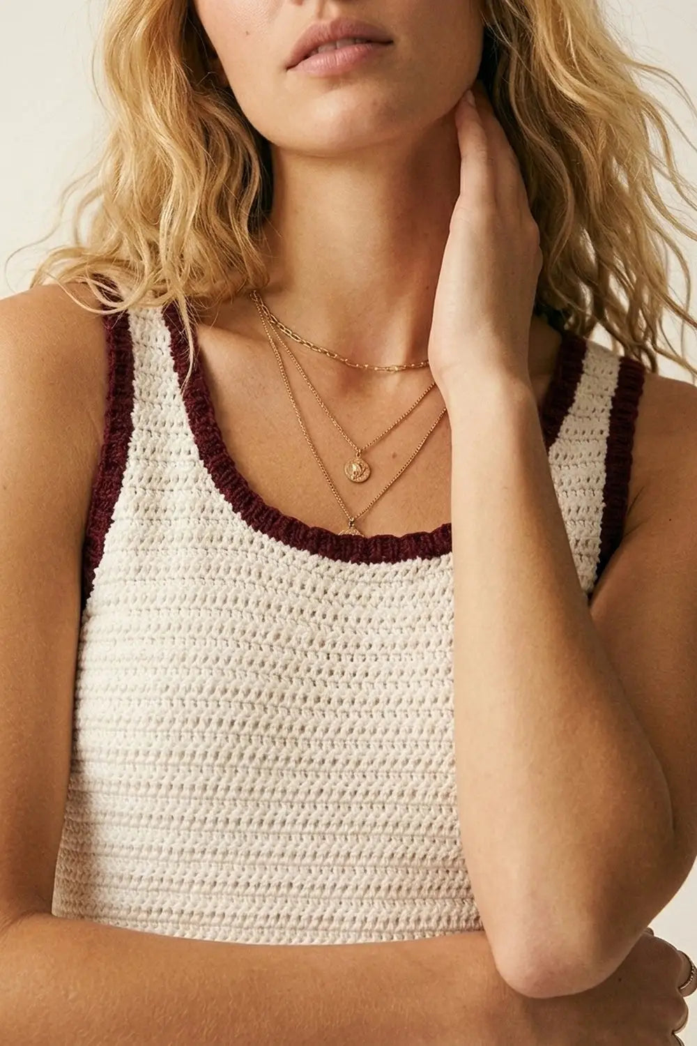 Cream Crocheted Tank Top in Cream with Burgundy Trim - Tops
