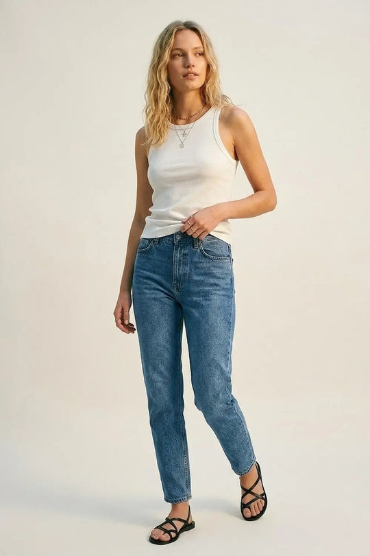 White Ribbed Crew Neck Tank Top with racerback sleeve - T-Shirts
