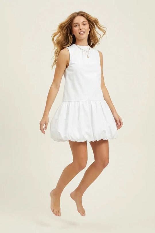 White poplin Sleeveless Dress with Balloon-style Hem - Dresses