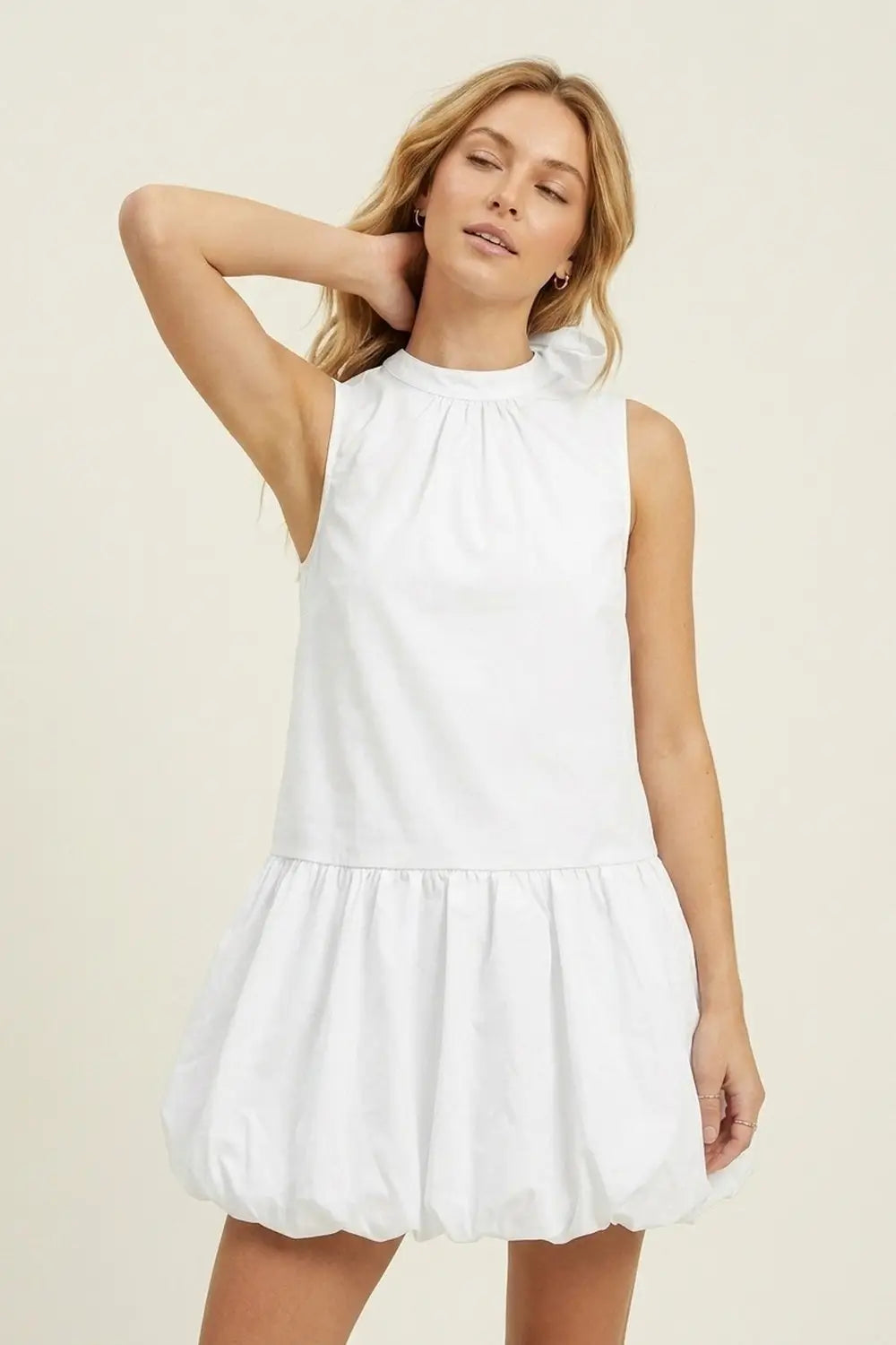 White poplin Sleeveless Dress with Balloon-style Hem - Dresses