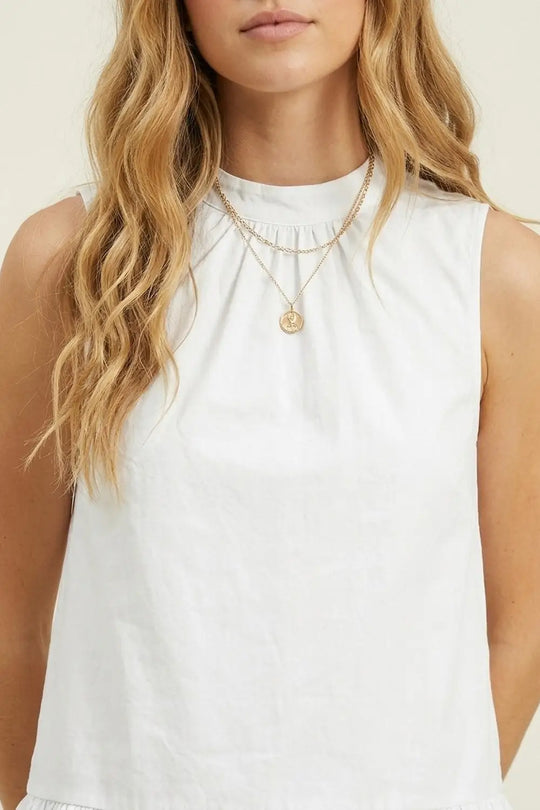 White poplin Sleeveless Dress with Balloon-style Hem - Dresses