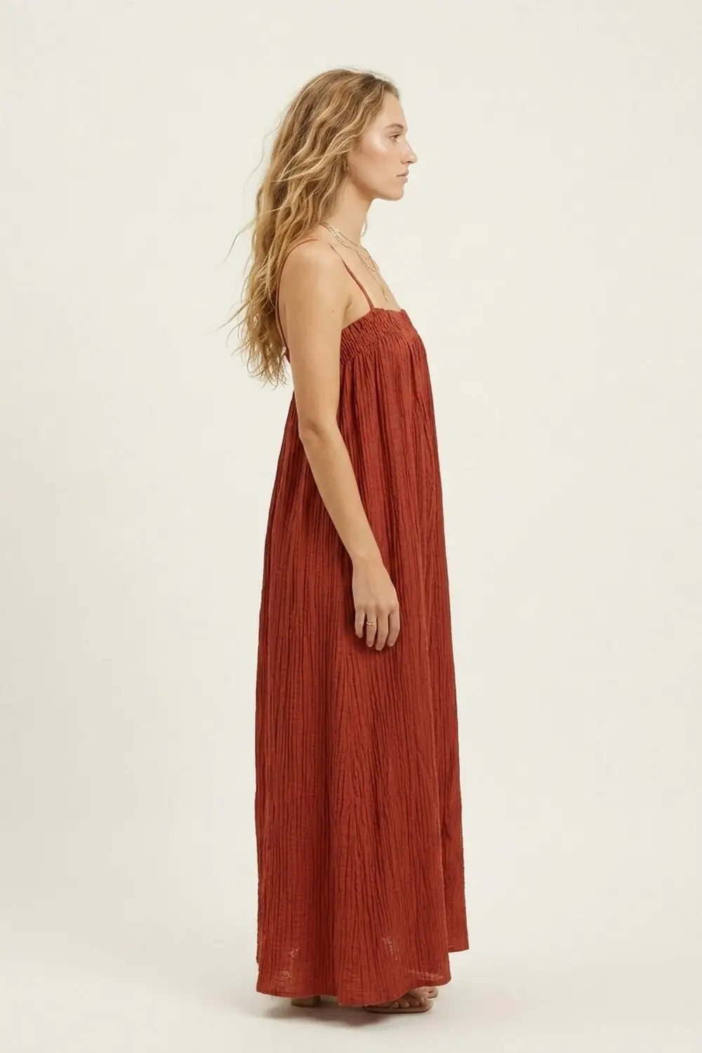 Rust Crinkled Maxi Dress with Spaghetti Straps - Dresses