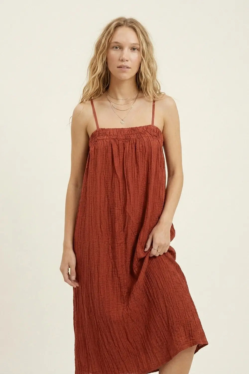 Rust Crinkled Maxi Dress with Spaghetti Straps - Dresses