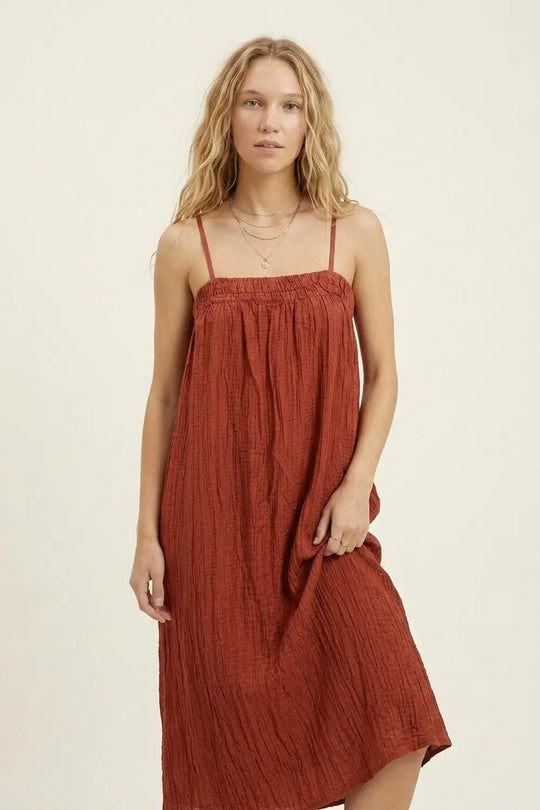 Rust Crinkled Maxi Dress with Spaghetti Straps - Dresses
