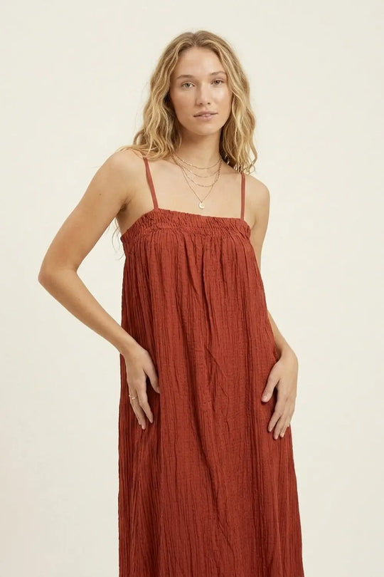 Rust Crinkled Maxi Dress with Spaghetti Straps - Dresses