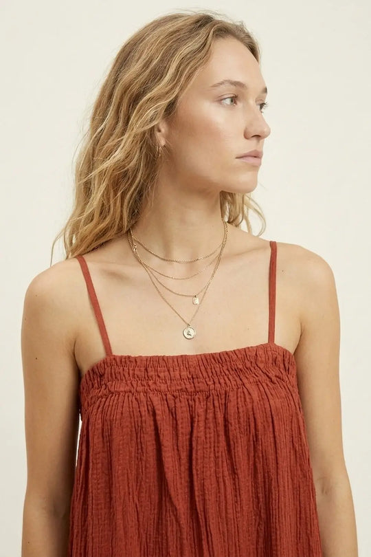 Rust Crinkled Maxi Dress with Spaghetti Straps - Dresses