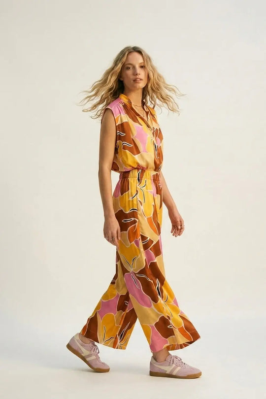 Tropical Print Wide Leg Pants in Warm orange tones - Pants