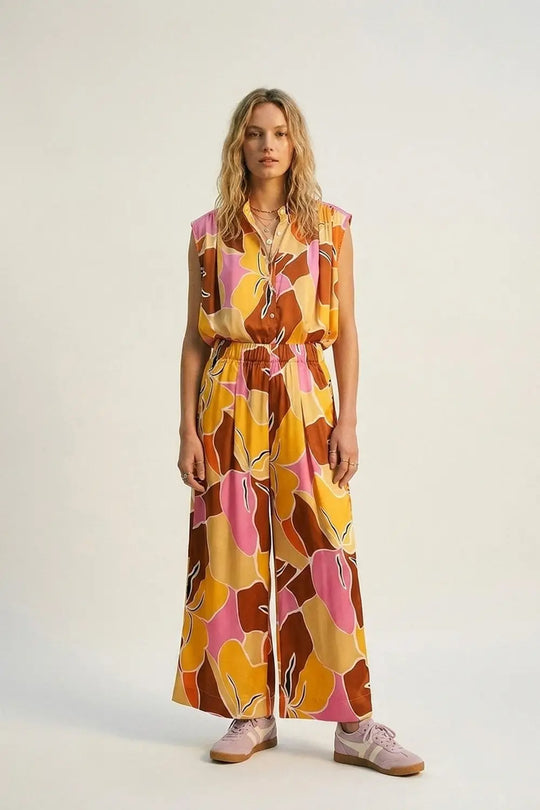 Tropical Print Button-Front Sleeveless Blouse in orange Warm Tones - ORANGE / ONE - Tops