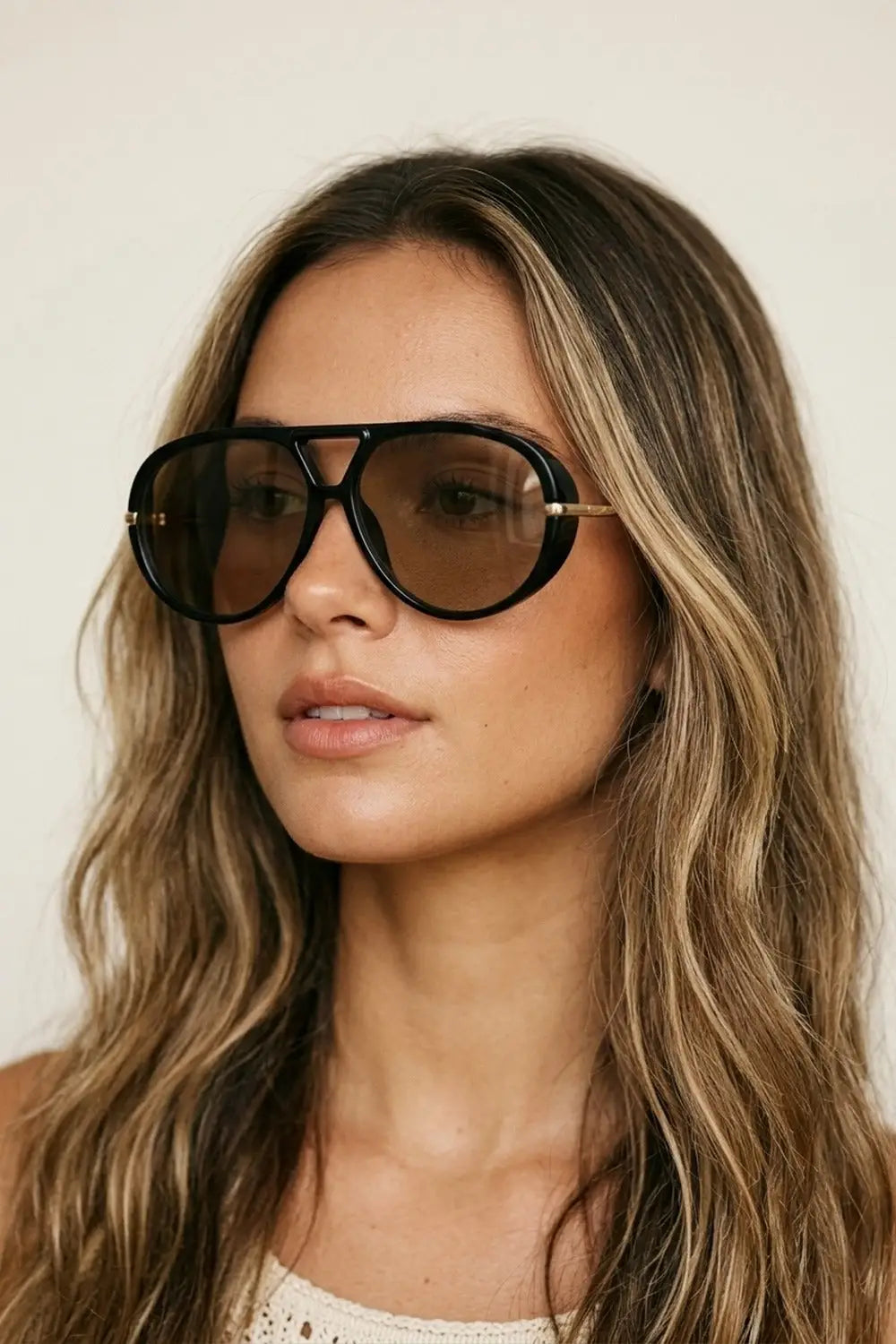Black Aviator Style Sunglasses with Brown Lenses - BEIGE / ONE - Sunglasses