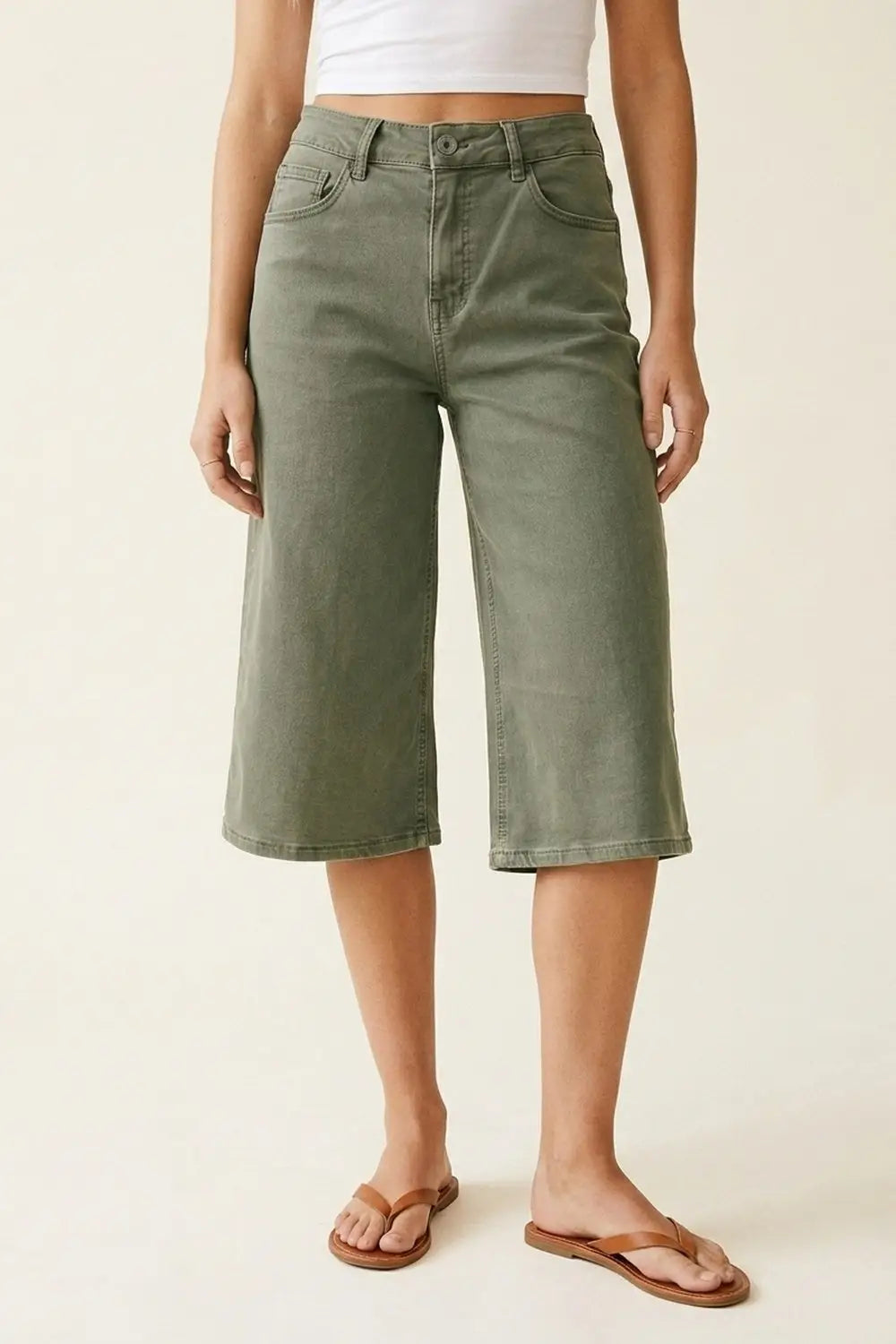 Olive Green Wide-Leg Cropped Denim bermuda Shorts - Pants